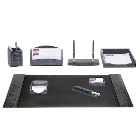 Black Crocodile Embossed Leather 8-Piece Desk Set